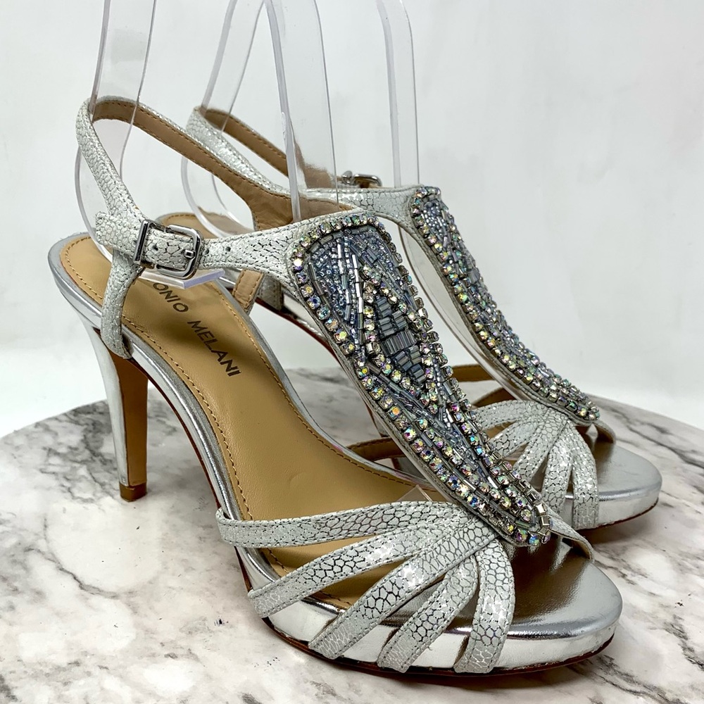 Antonio Melani Nadelle Silver Jeweled Platform Sandal Pumps 6.5 Bridesmaid Event